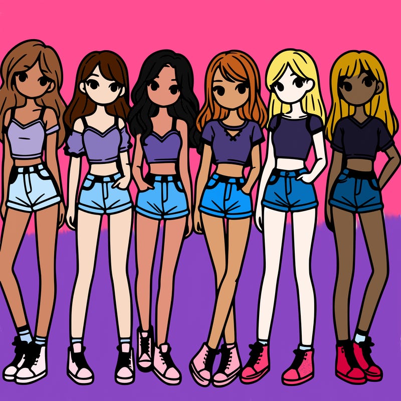 a group of girls wearing crop tops and shorts