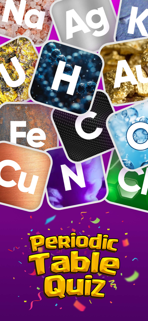 Periodic Table Elements Quiz・ - Splash screen of Periodic Table Quiz app with colorful tiles representing chemical elements
