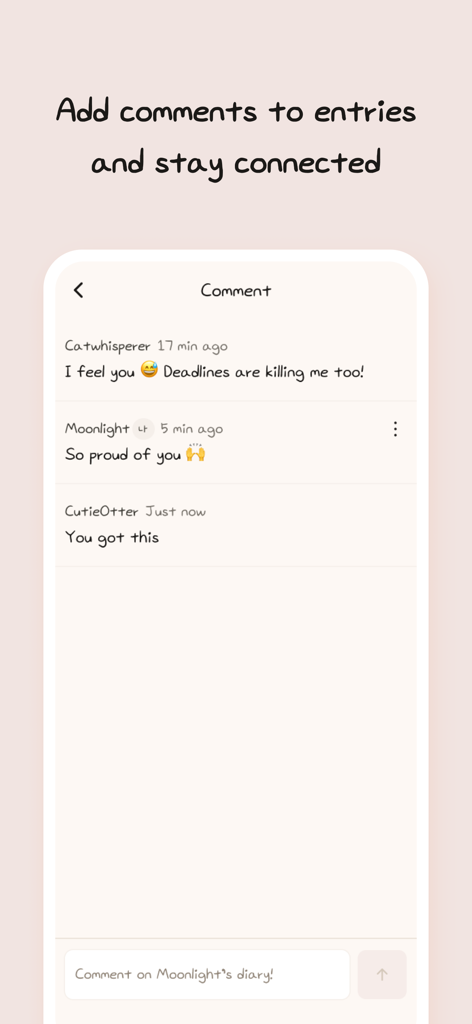 공유 일기 항목에 대한 지지 댓글 목록을 보여주는 Diaring 앱의 화면