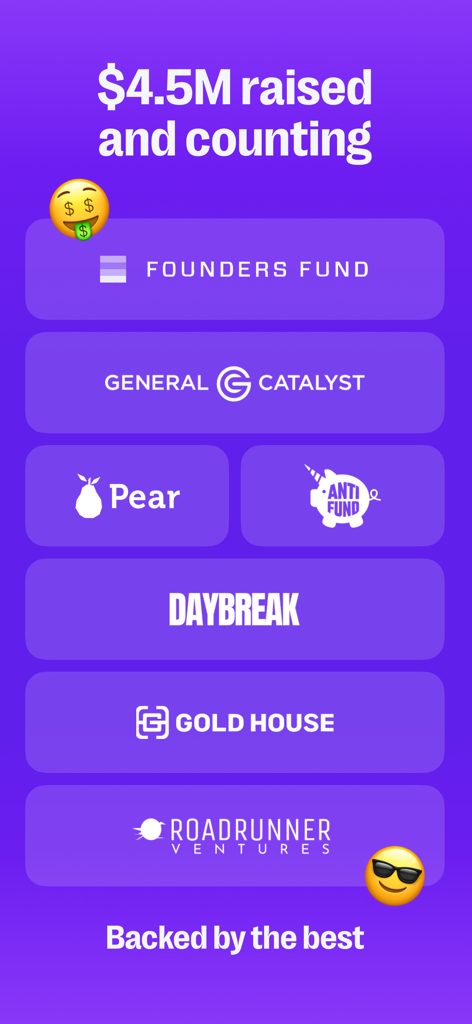 AfterHour app funding announcement showing 4.5 million dollars raised and venture capital backers like Founders Fund and General Catalyst
