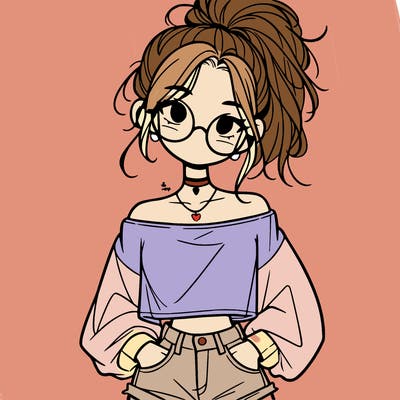 girl with a messy ponytail glasses a baggy crop top and jean shorts