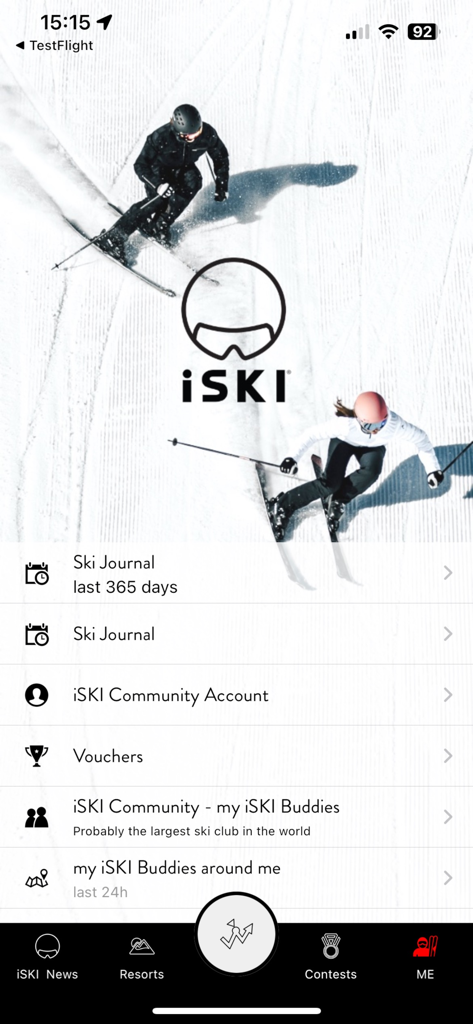 iSKI Japan -  Ski/Snow Guide - User profile menu in the iSKI Japan app showing ski journal and community buddy options.