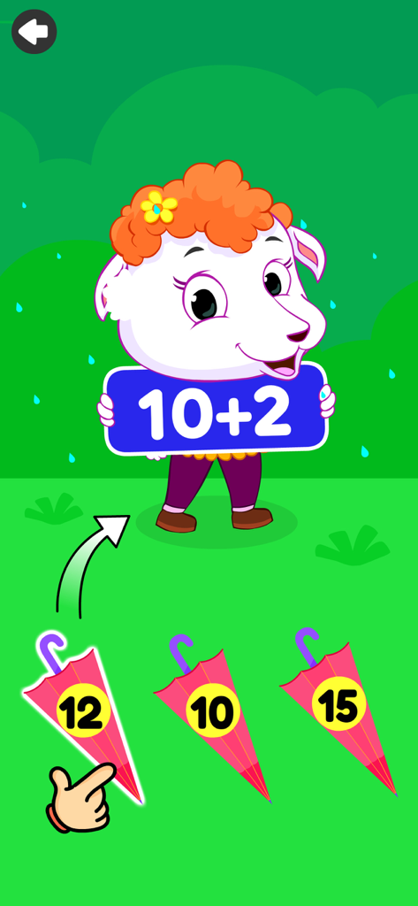 KidloLand Math Academy addition game featuring a cartoon sheep and numbered umbrellas.
