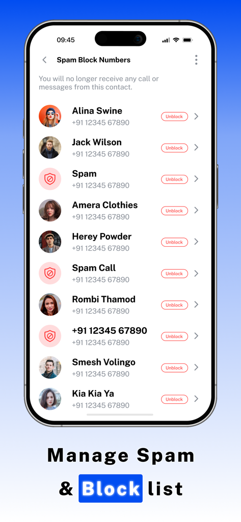 Interface de l'application TrueCaller ID montrant une liste de numéros et de contacts de spam bloqués