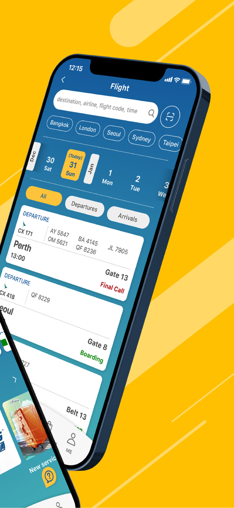 Real-time flight status screen in the My HKG app showing departures gate information and status updates