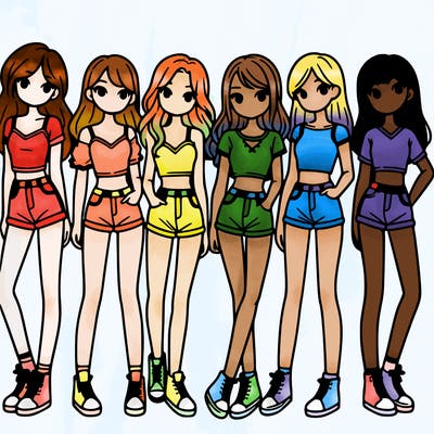 a group of girls wearing crop tops and shorts