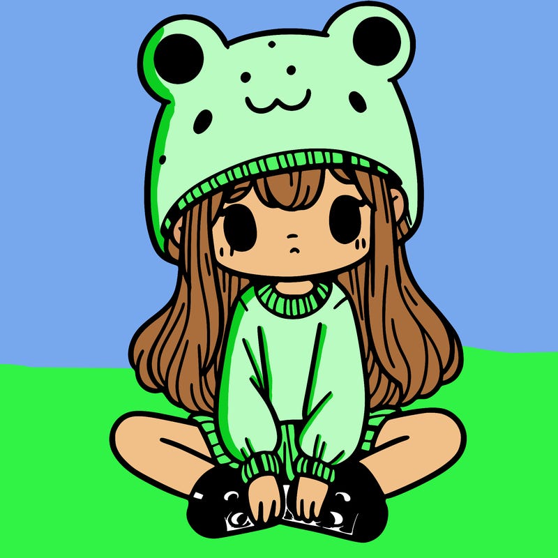 a girl wearing a frog hat and some frog socks