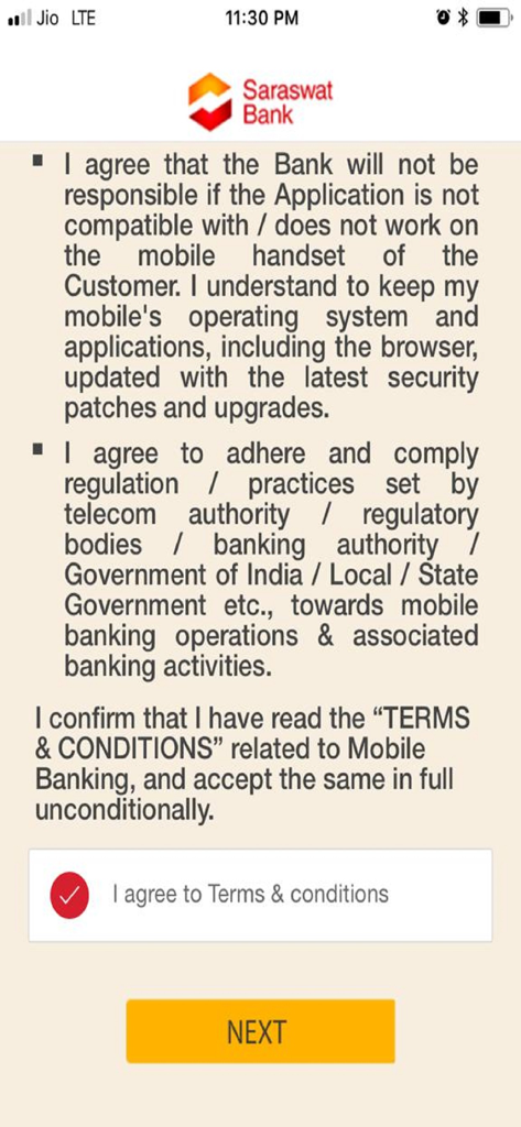 Saraswat Bank Mobile Banking - Terms and conditions screen of Saraswat Bank Go-Mo mobile banking app with an agreement checkbox and next button