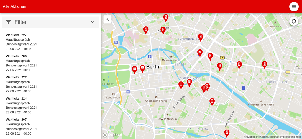 Aktivisti - Map view of the Aktivisti app showing locations of local political actions in Berlin