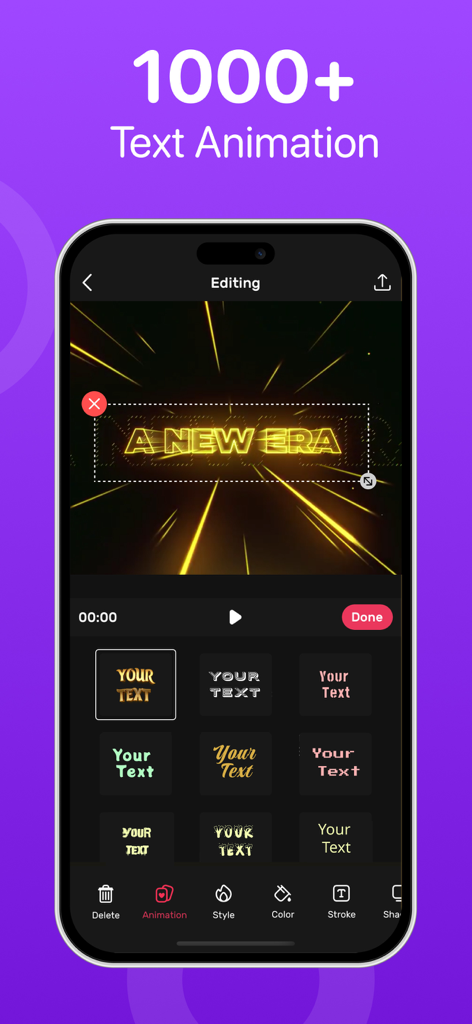 Intro Maker: Create Logo Video - A mobile interface for the Intro Maker app displaying a variety of animated text styles and editing tools for creators.