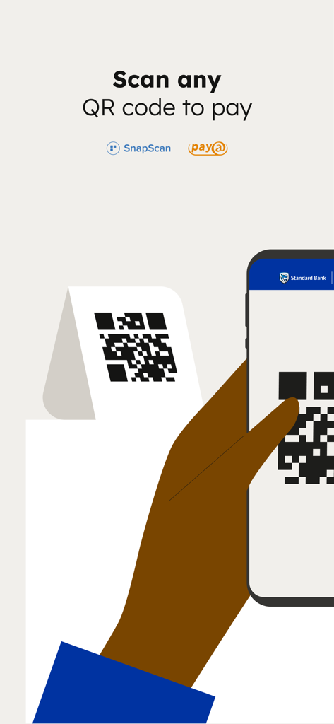 Standard Bank Scan to Pay - A hand holding a smartphone scanning a QR code for payment using the Standard Bank Scan to Pay app