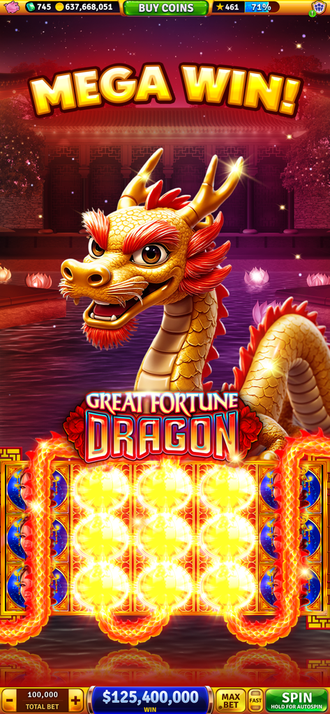 House of Fun: Casino Slots - Macchina da slot Great Fortune Dragon che mostra una Mega Vincita con un grande drago dorato