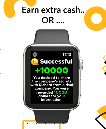 Corporate Climber - Idle Game - Corporate Climber idle game interface on Apple Watch showing a successful reward screen for a risky activity.