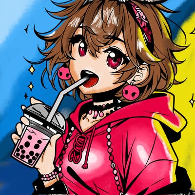 hot baddie anime girl drinking boba and biting the straw