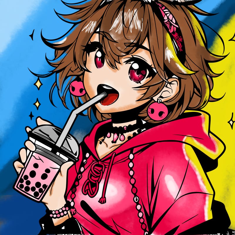 hot baddie anime girl drinking boba and biting the straw