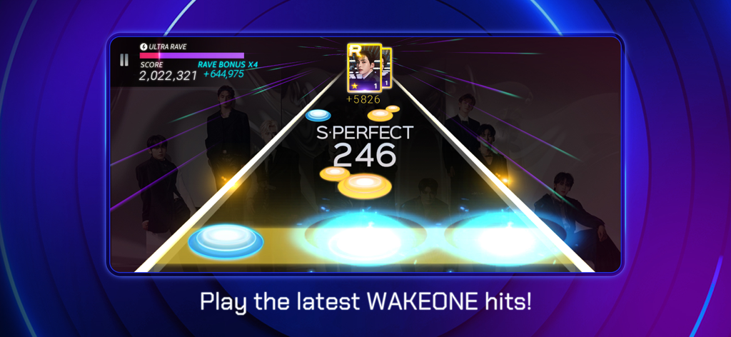 SUPERSTAR WAKEONE - Una pantalla de juego de SUPERSTAR WAKEONE mostrando la mecánica del juego de ritmo con fondos de artistas de K-pop.