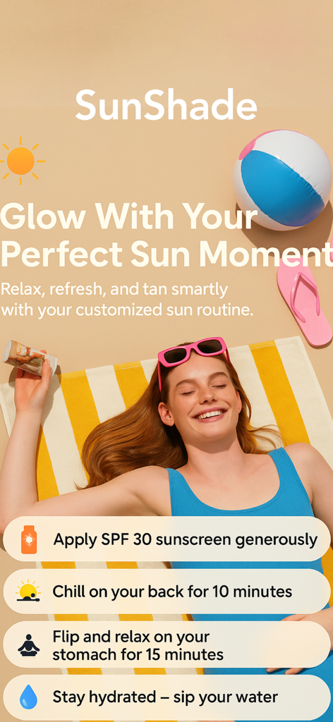 A woman relaxing on a beach towel with SunShade app notifications for SPF application and a timed tanning session