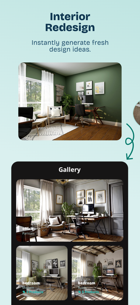 HomeGen AI: Interior Decor - Screenshot der HomeGen AI App, die verschiedene Inneneinrichtungsstile wie Pariser und Modern zeigt.