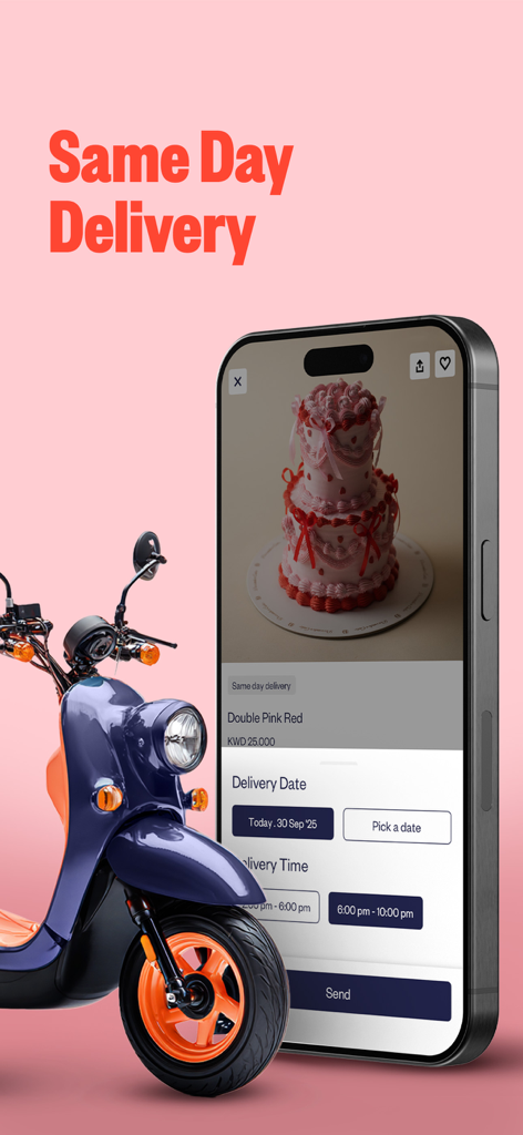 Ein Smartphone zeigt einen rosa Kuchen für die Lieferung am selben Tag neben einem lila Lieferroller auf rosa Hintergrund.