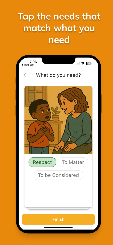 Feelings & Needs: Kids Edition - A child choosing needs like respect and mattering in the Feelings and Needs kids app interface