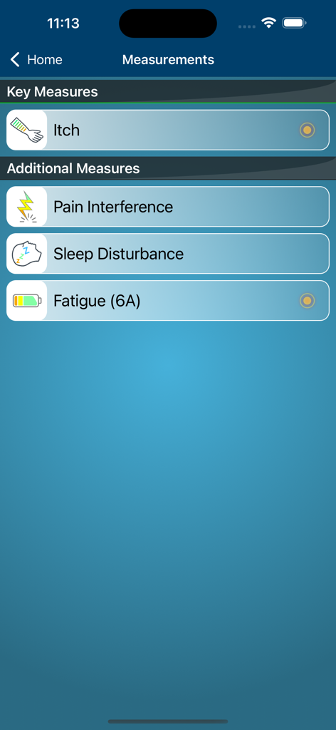A mobile app interface titled Measurements listing symptoms like itch, pain, sleep, and fatigue for tracking psoriasis.