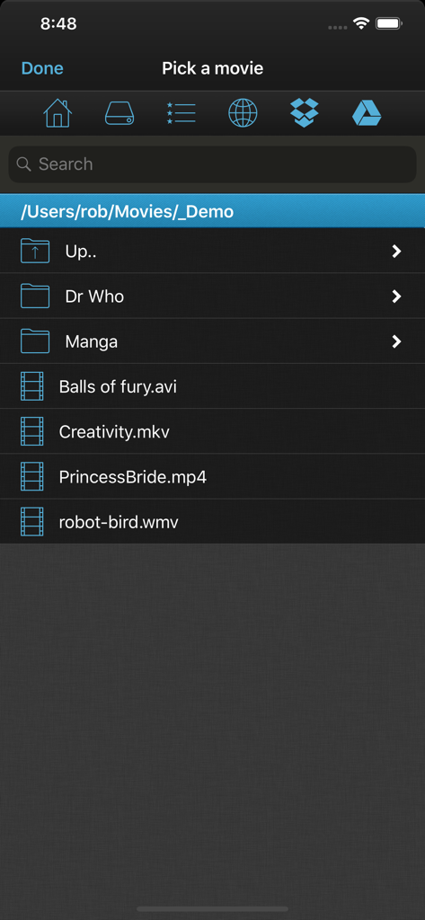 La interfaz de la aplicación VLC Streamer muestra una lista de archivos de películas y carpetas disponibles para transmitir desde una computadora