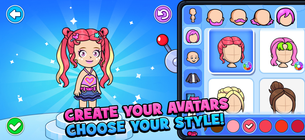 Towniz character creation screen showing hairstyle and outfit customization options for a girl avatar