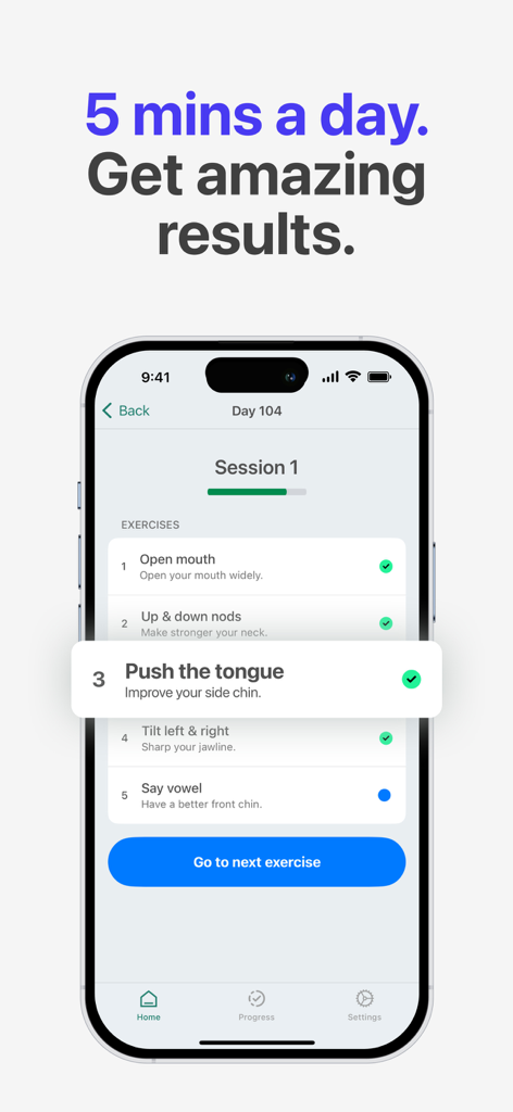 Jawline Exercises: Mewing Men - A mobile app screen showing a daily jawline exercise session with a list of tasks like pushing the tongue and nodding.