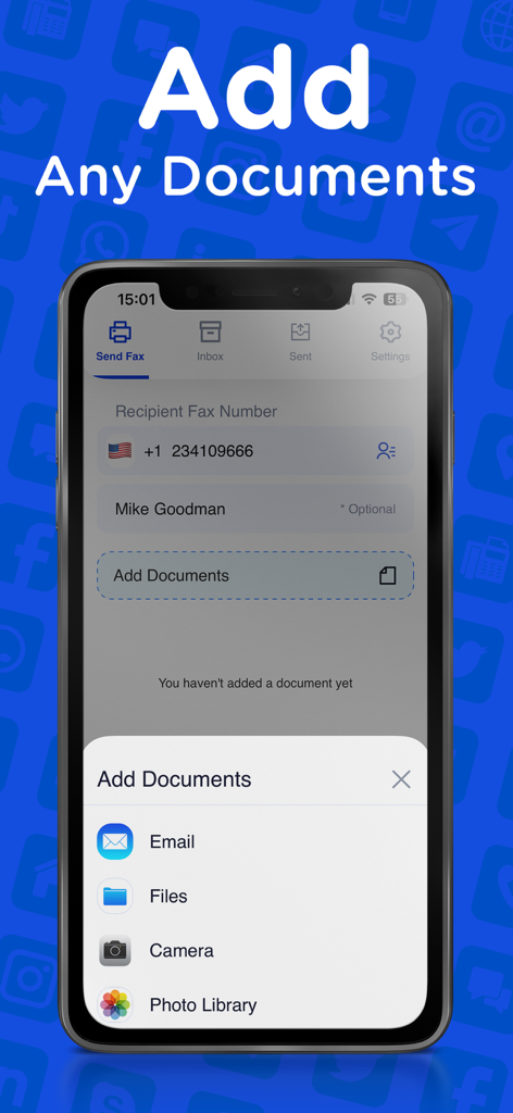 Interface of the Send Fax App showing options to add documents from email, files, camera, and photo library