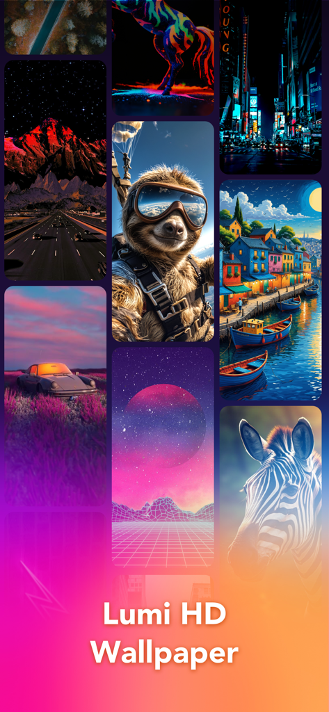 Uma coleção de papéis de parede coloridos e de alta definição para celular, incluindo imagens de um bicho-preguiça, montanhas, um carro vintage e uma zebra.