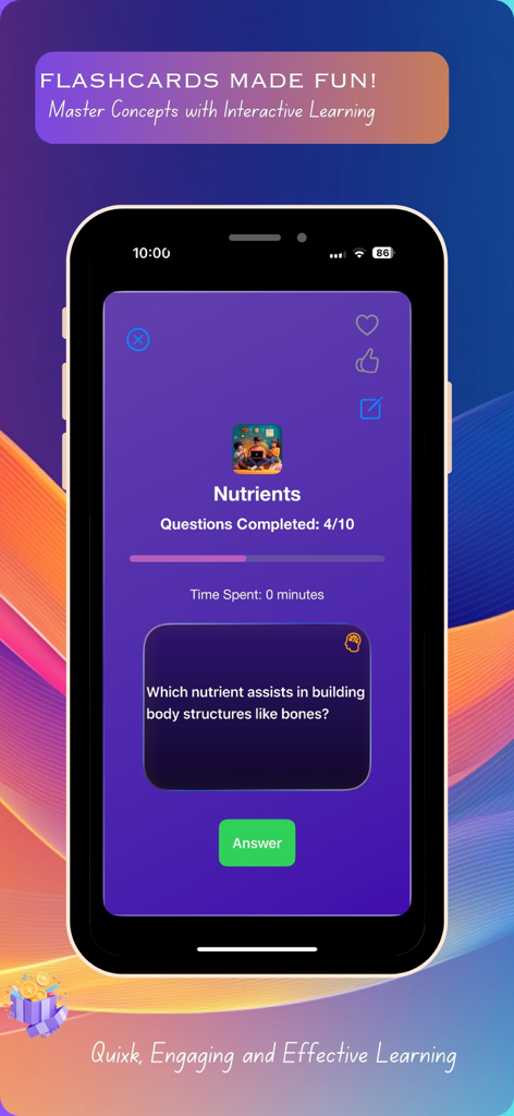 AI Quiz Maker: Flashcards - Interfaz de la aplicación móvil para AI Quiz Maker mostrando una tarjeta de memoria sobre nutrientes y seguimiento del progreso