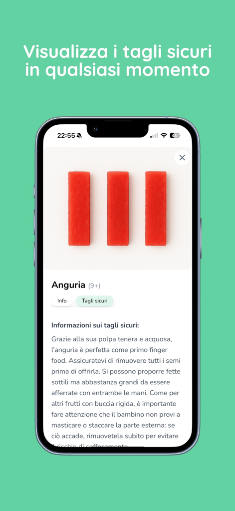 Svezzy - Svezzy app interface showing a guide for safe watermelon cuts for baby led weaning.