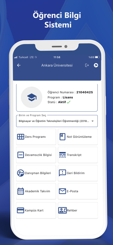 Dashboard of Ankara University mobile app featuring student information system services like grades and course schedules
