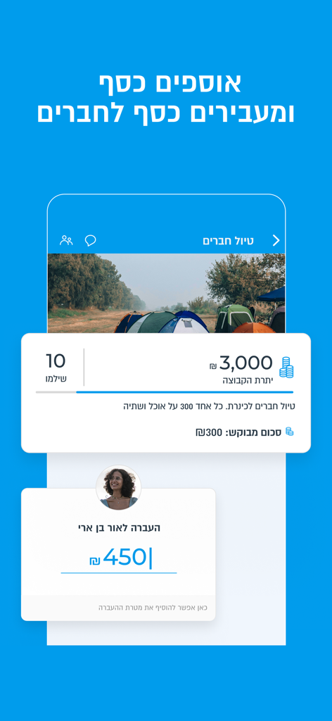 PayBox - תשלומים והעברת כסף - PayBox app screenshot showing group money collection for a trip and peer to peer transfer
