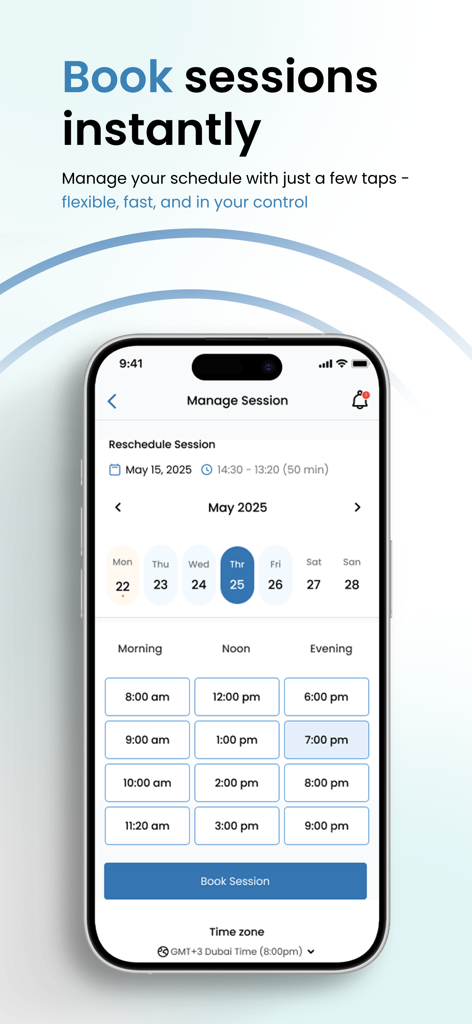 Mobile app interface of Talktime showing the instant booking screen with a calendar and available therapy time slots
