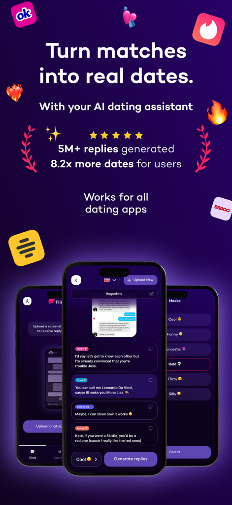 Flirtist AI dating assistant interface showing smart reply modes for dating app conversations