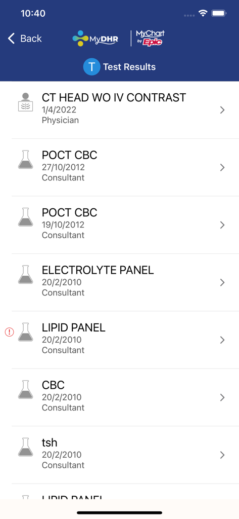 MyDHR - A list of medical test results in the MyDHR app including blood panels and imaging scans.