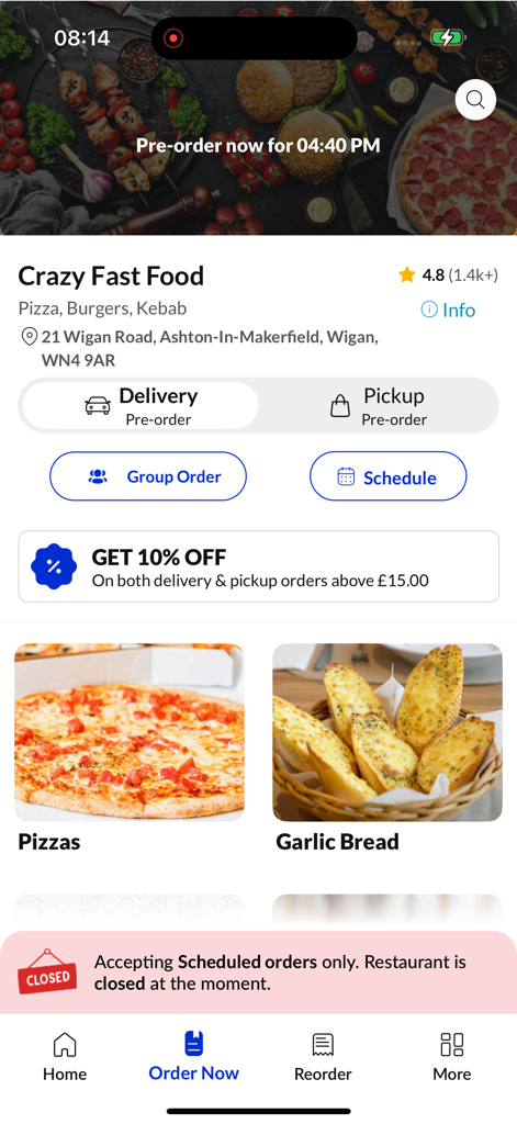 Home screen of the Crazy Fast Food app showing pizza and garlic bread menu categories and a promotional discount.