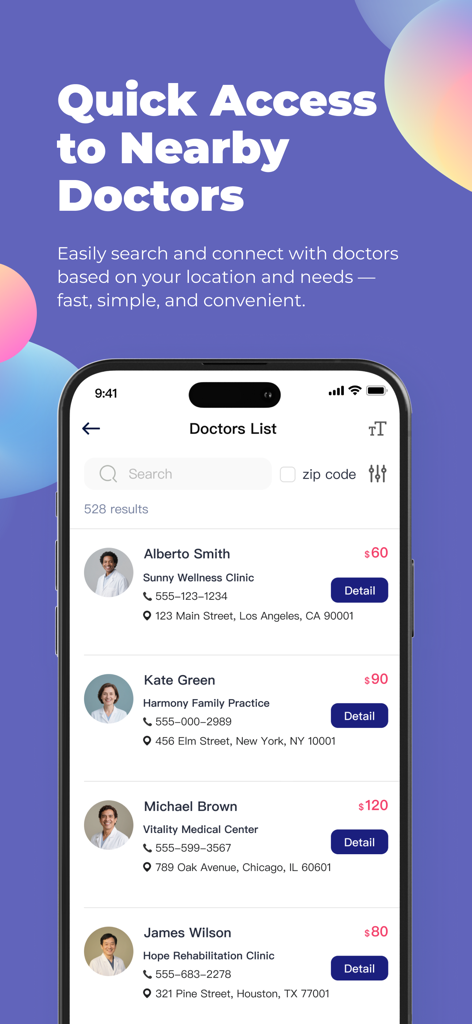 Una pantalla de aplicación móvil que muestra una lista de médicos cercanos con los nombres de sus clínicas y números de teléfono.
