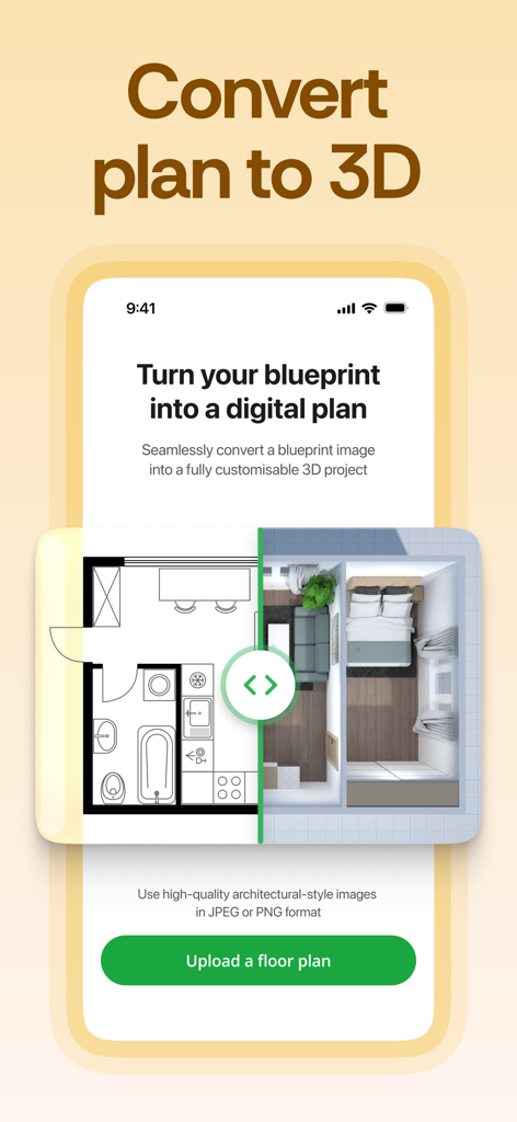 Planner 5D: AI Home Design - Ein Vergleich zeigt eine 2D-Architektenzeichnung, die in einen voll möblierten digitalen 3D-Raumplan umgewandelt wird.