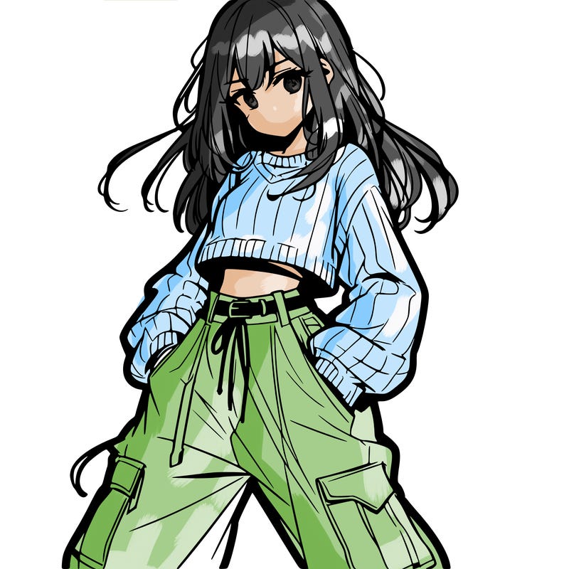 anime teen girl with baggy pants and crop top with sweater