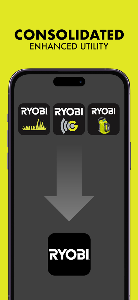 Eine Illustration, die drei separate spezialisierte RYOBI-Apps zeigt, die zu einer einheitlichen Werkzeugmanagement-App zusammengeführt werden