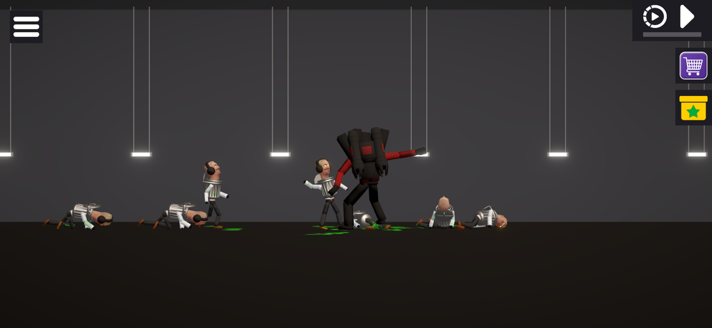 A 3D ragdoll physics sandbox battle scene featuring several characters in a dark room with green goo effects.