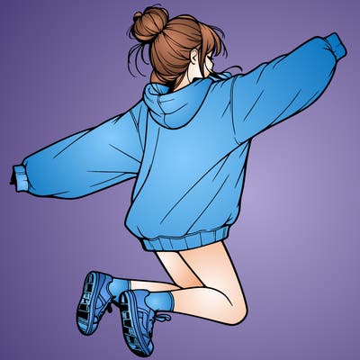 realistic girl jumping with a bun and oversized sweatshirt