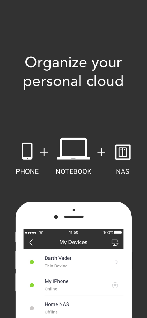 Resilio Sync - Resilio Sync app dashboard showing personal cloud synchronization between phone notebook and NAS devices