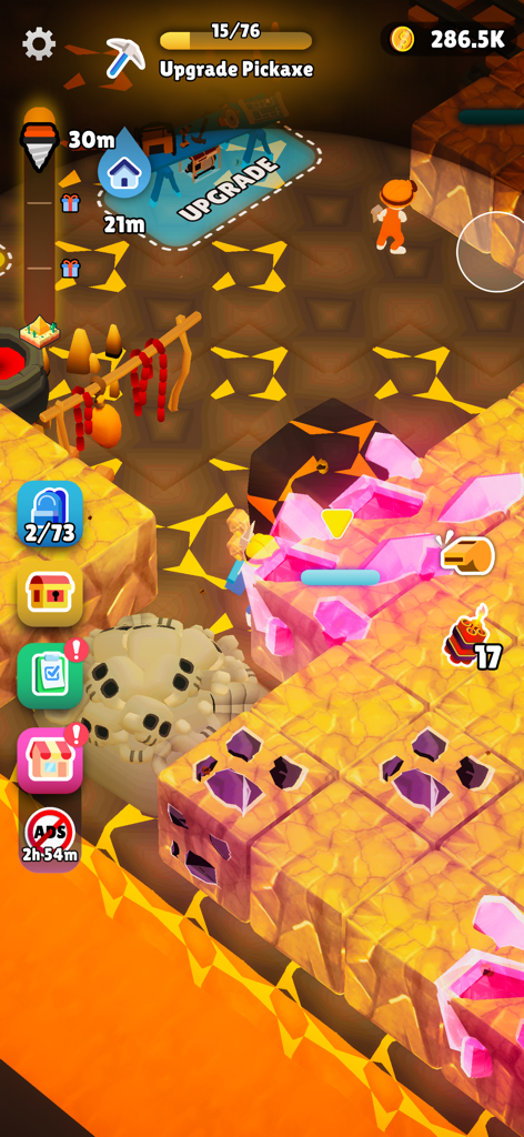 Mine Rush : Digging Adventure - A character mining pink crystals in the Mine Rush mobile game.