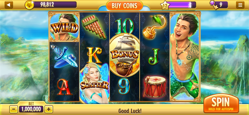 Buffalo Bonus Casino - Gameplay screen of a five reel tropical themed slot machine in Buffalo Bonus Casino.