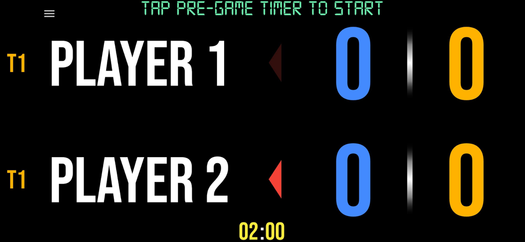 Interface de placar digital para tênis de mesa mostrando pontuações dos jogadores e um cronômetro pré-jogo