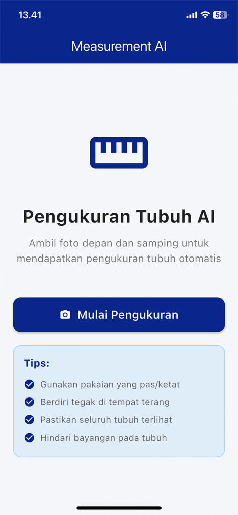 MeaSure AI: Tailor App - Start screen of the MeaSure AI app for automatic body measurement showing instructions and a camera start button.