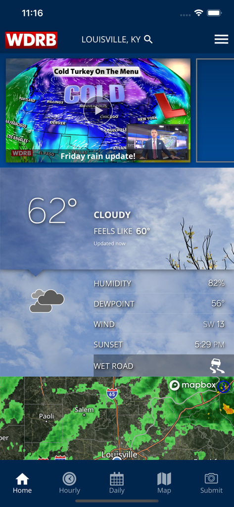 WDRB Weather app interface showing the current temperature in Louisville, Kentucky, along with weather details and a live rain radar map.